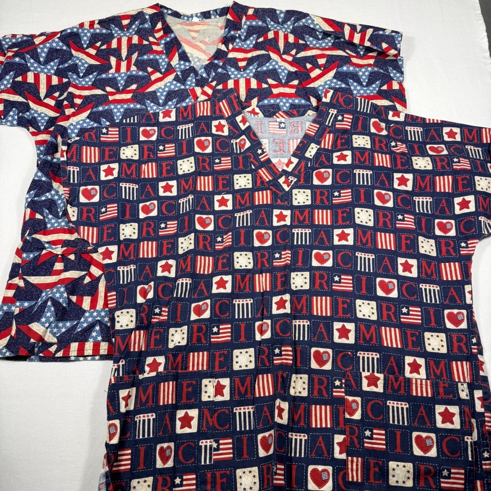 Unbranded Scrub Tops Set of 2 Medium Blue Red White Patriotic Stars Flags V-Neck